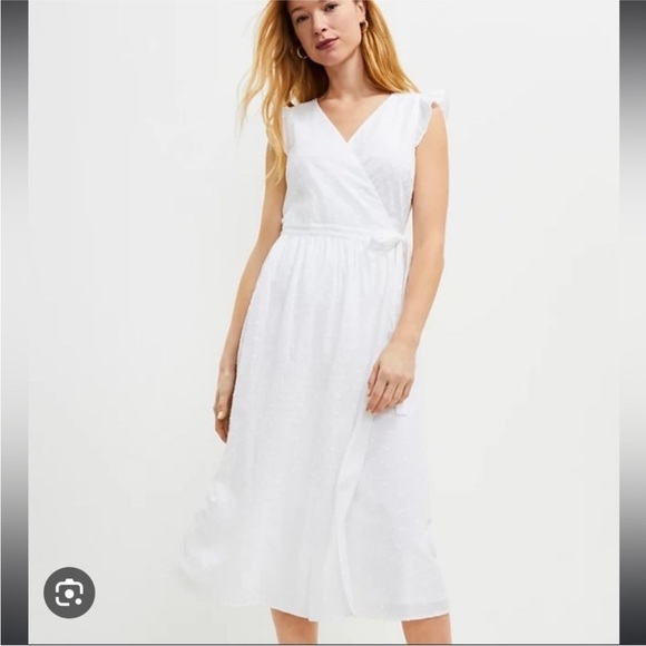 LOFT Dresses & Skirts - NWT LOFT White Eyelet Wrap Midi Dress M Ruffle Bridal Shower Feminine cotton